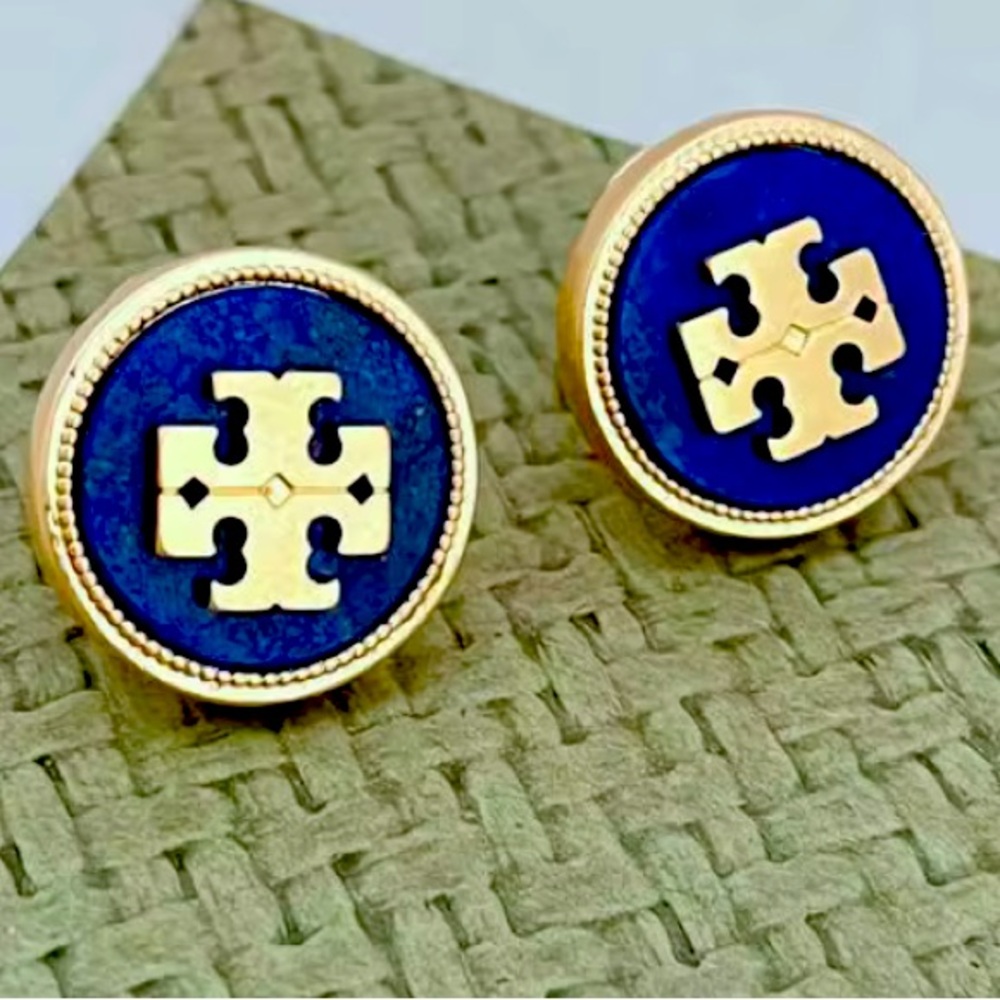 Tory Burch semiprecious lapis blue round button stud logo earrings - Picture 2 of 10